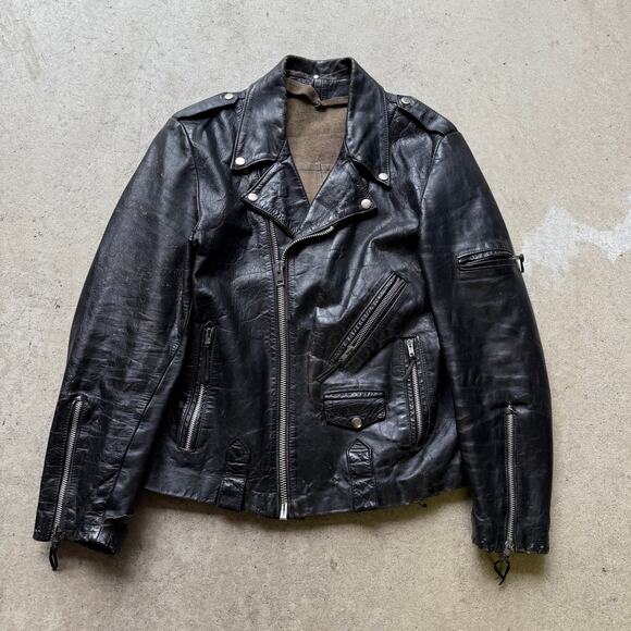 Men's Vintage 60's Black Leather Distressed Motorcycle Biker Jacket Sz Large VTG - Picture 1 of 14